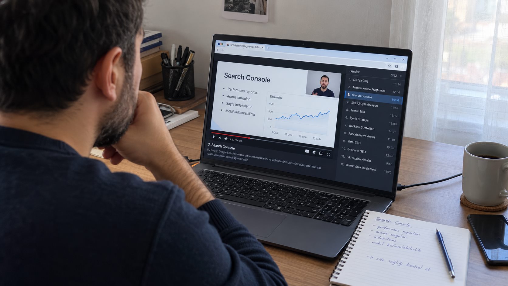 Dizüstü bilgisayarda Search Console eğitim videosu izleyerek not alan işletme sahibi.