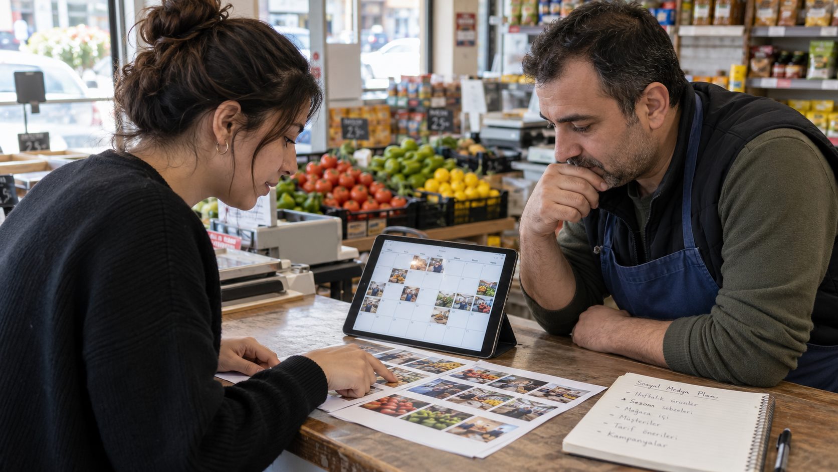 Bir manavda ürün fotoğrafları ile aylık sosyal medya yayın takvimini inceleyen iki kişi.