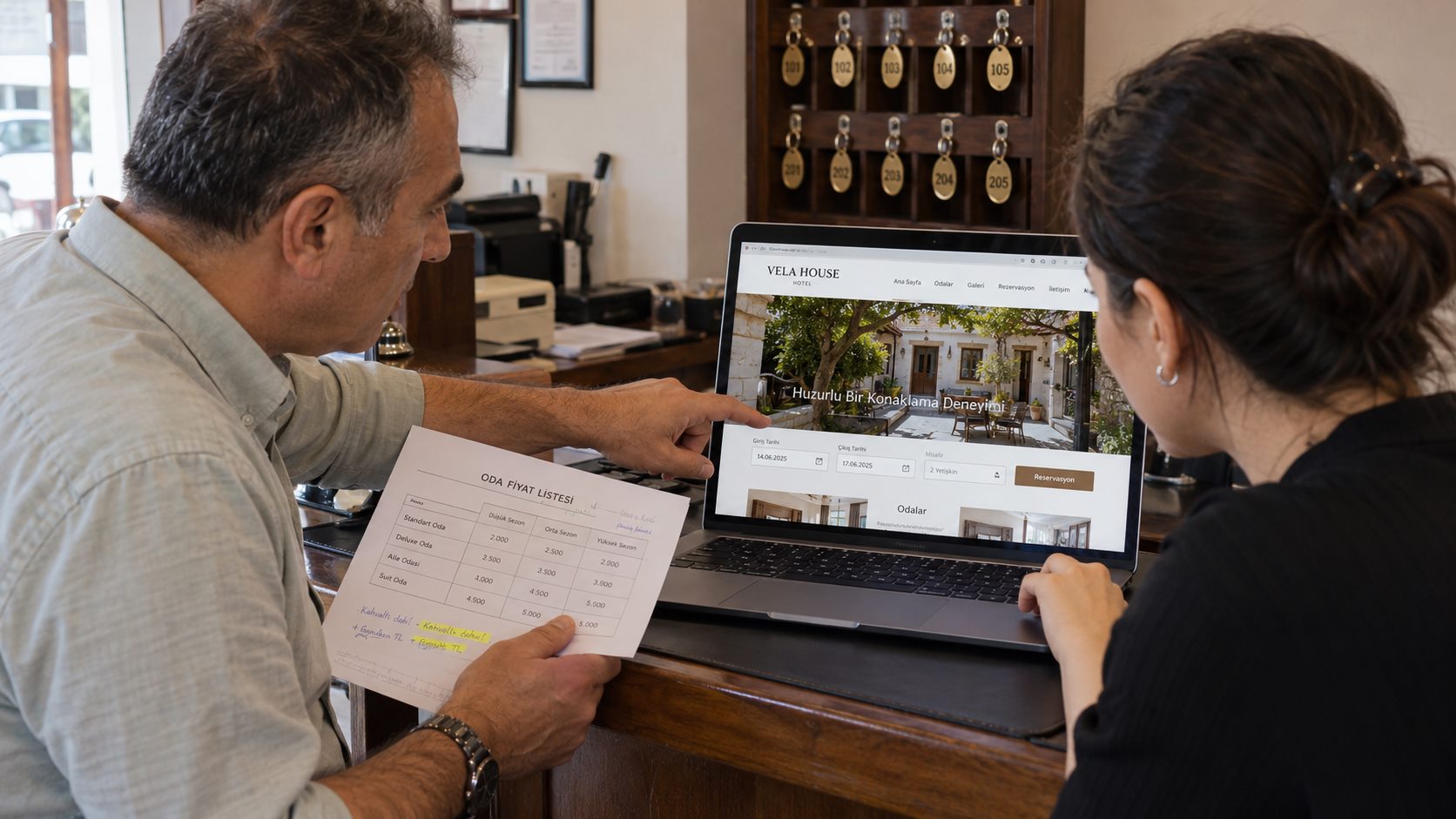 Otel resepsiyonunda kurgusal Vela House web sitesini ve oda bilgilerini inceleyen iki kişi.