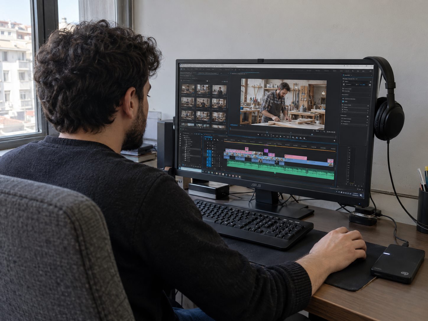 Atölye çekiminin görüntülerini kurgu programında düzenleyen video editörü.