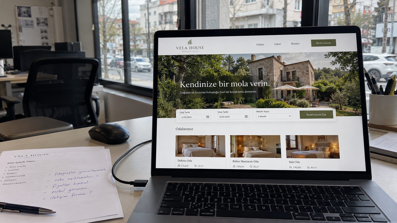 Dizüstü bilgisayarda kurgusal Vela House otelinin rezervasyon alanı bulunan örnek web sitesi.